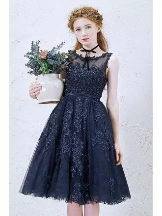 Vintage A-Line Scoop Neck Tea-Length Tulle Dress With Appliques Lace