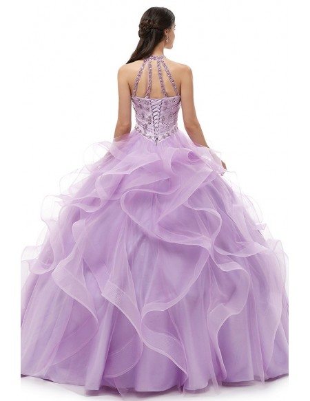 Special Ruffled Beading Ballroom Lilac Quinceanera Dress With Halter Neck