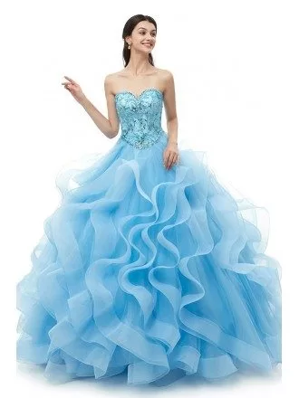 Strapless Sweetheart Ruffled Sky Blue Quinceanera Dress With Beading Top