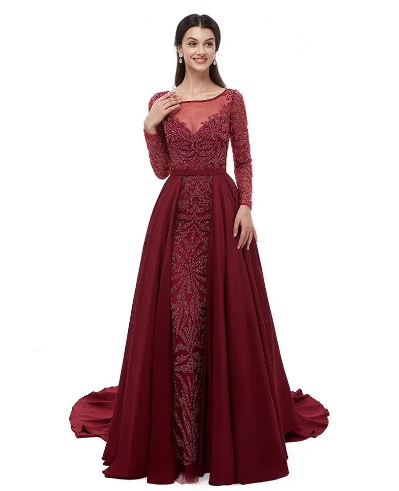 Long Sleeve Burgundy All Beading Formal Dress For Wedding C005 GemGrace