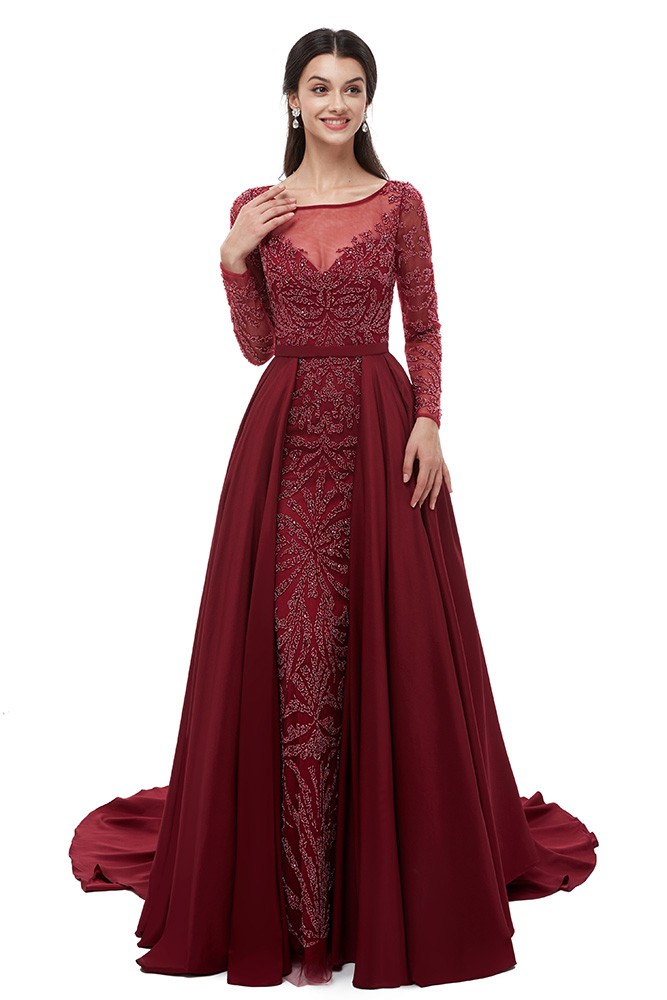 Long Sleeve Burgundy All Beading Formal Dress For Wedding C005