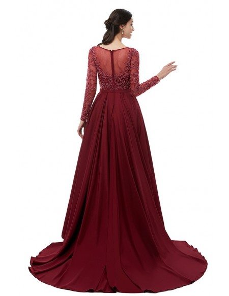 Long Sleeve Burgundy All Beading Formal Dress For Wedding #C005 ...