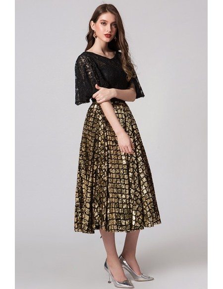 Gold Sequined Lace Tea Length Party Dress With Sleeves #M03 - GemGrace.com