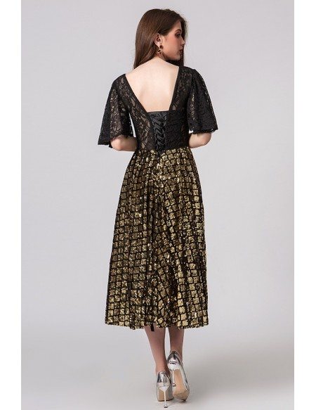 Gold Sequined Lace Tea Length Party Dress With Sleeves