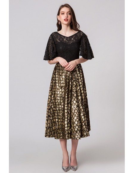 Gold Sequined Lace Tea Length Party Dress With Sleeves