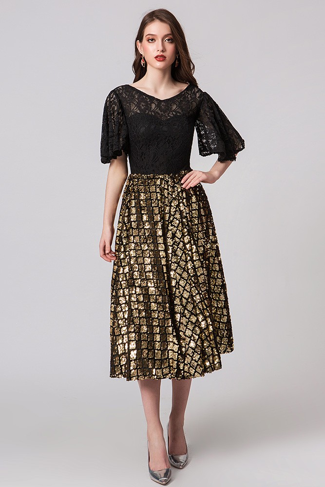 Gold Sequined Lace Tea Length Party Dress With Sleeves #M03 - GemGrace.com