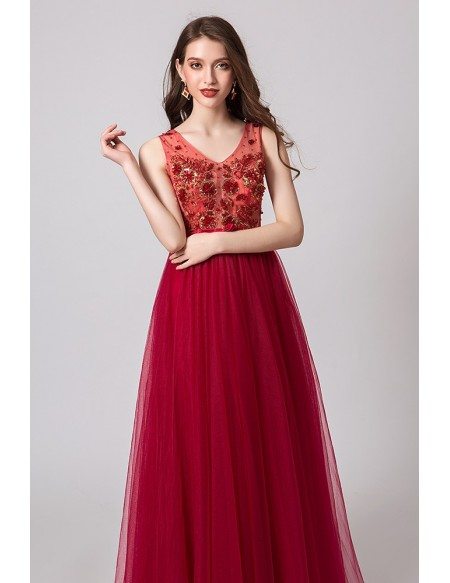 A Line Red Tulle Prom Dress With Floral Beading Top