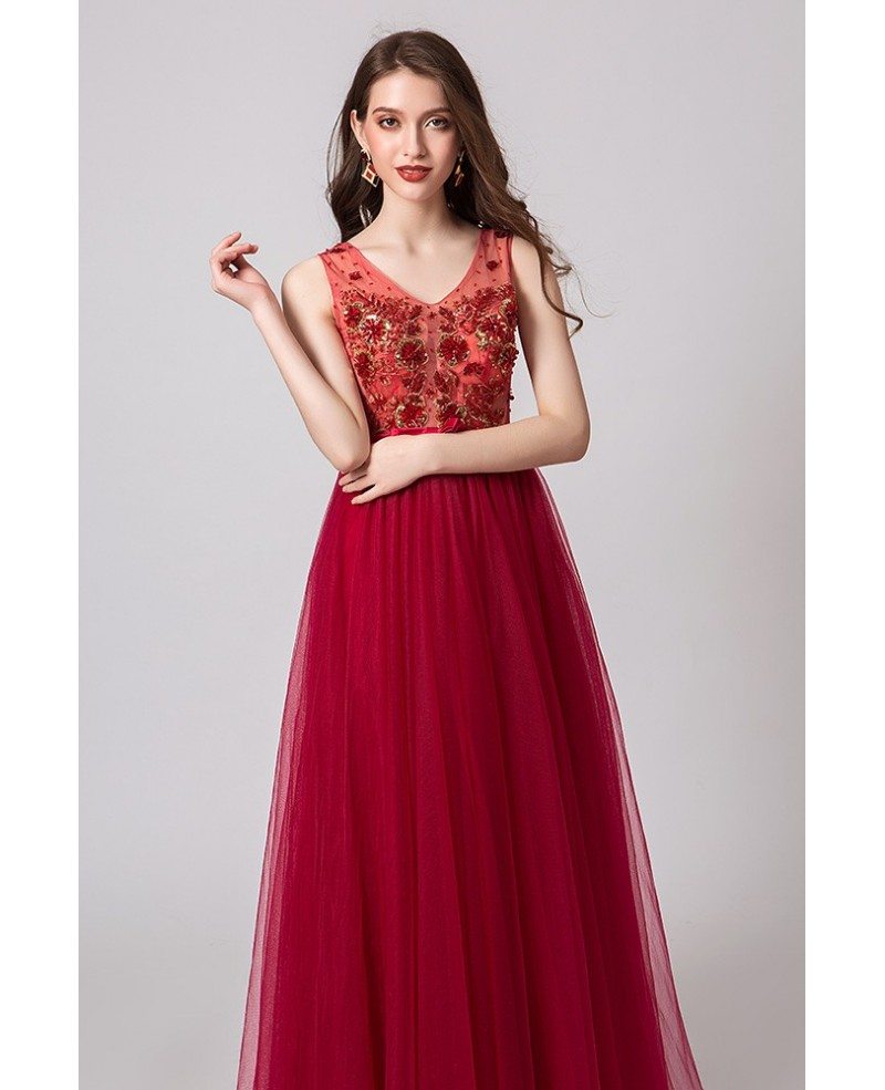 A Line Red Tulle Prom Dress With Floral Beading Top #M04 - GemGrace.com