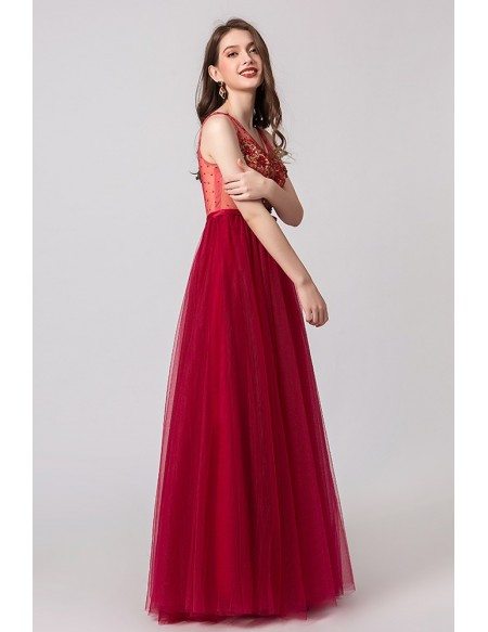 A Line Red Tulle Prom Dress With Floral Beading Top
