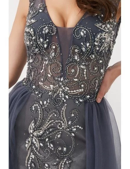 Sleeveless Open Back Long Grey Party Dress With Beading