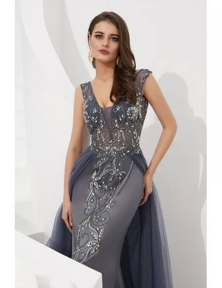 Sleeveless Open Back Long Grey Party Dress With Beading