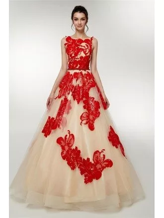 Open Back Champagne Long Tulle Party Dress With Red Butterflies