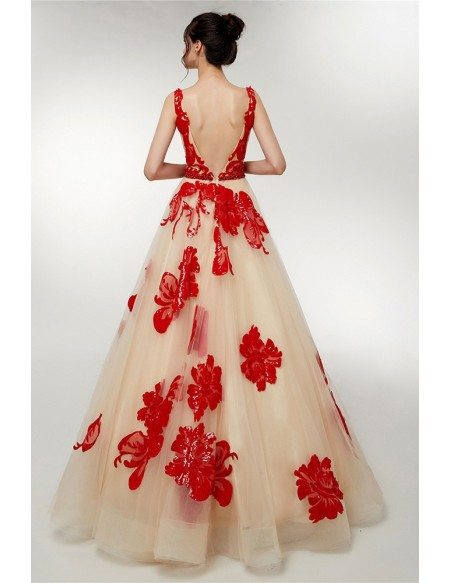Open Back Champagne Long Tulle Party Dress With Red Butterflies