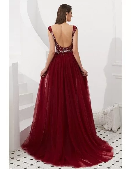 Open Back Long Tulle Burgundy Formal Dress Sleeveless With Beading