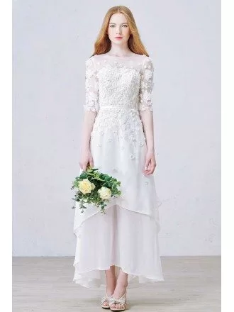Modest A-Line Scoop Neck Ankle-Length Chiffon Wedding Dress With Appliques Lace