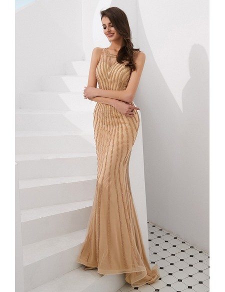 Champgane Long Fitted Mermaid Prom Dress With Beading Stripe