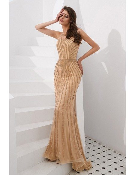 Champgane Long Fitted Mermaid Prom Dress With Beading Stripe