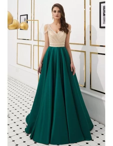 Cold Shoulder Dark Green Long Party Dress With Champagne Beading Top