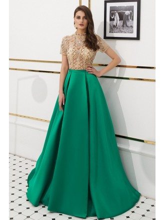 A Line Satin Green Evening Dress With Champange Beading Top