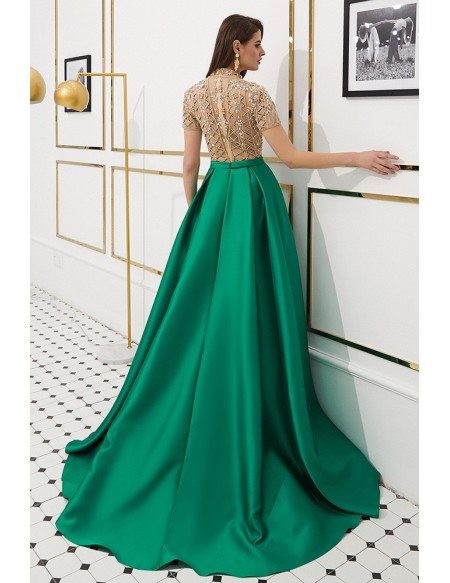 A Line Satin Green Evening Dress With Champange Beading Top