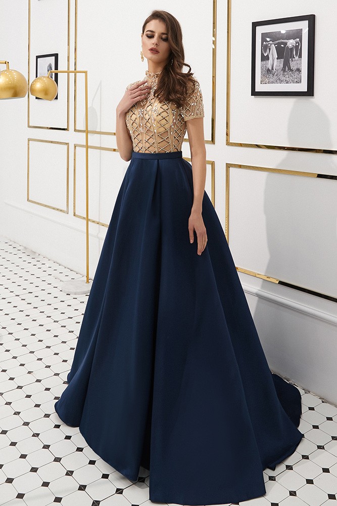 Navy Blue Satin Long Formal Dress With Champange Beading Top #F005D ...