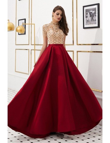 Modest Sleeves Beaded Red Party Dress With Champagne
