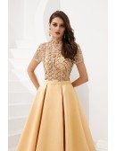 Gorgeous Long Gold Formal Prom Dress With Beading Sleeves