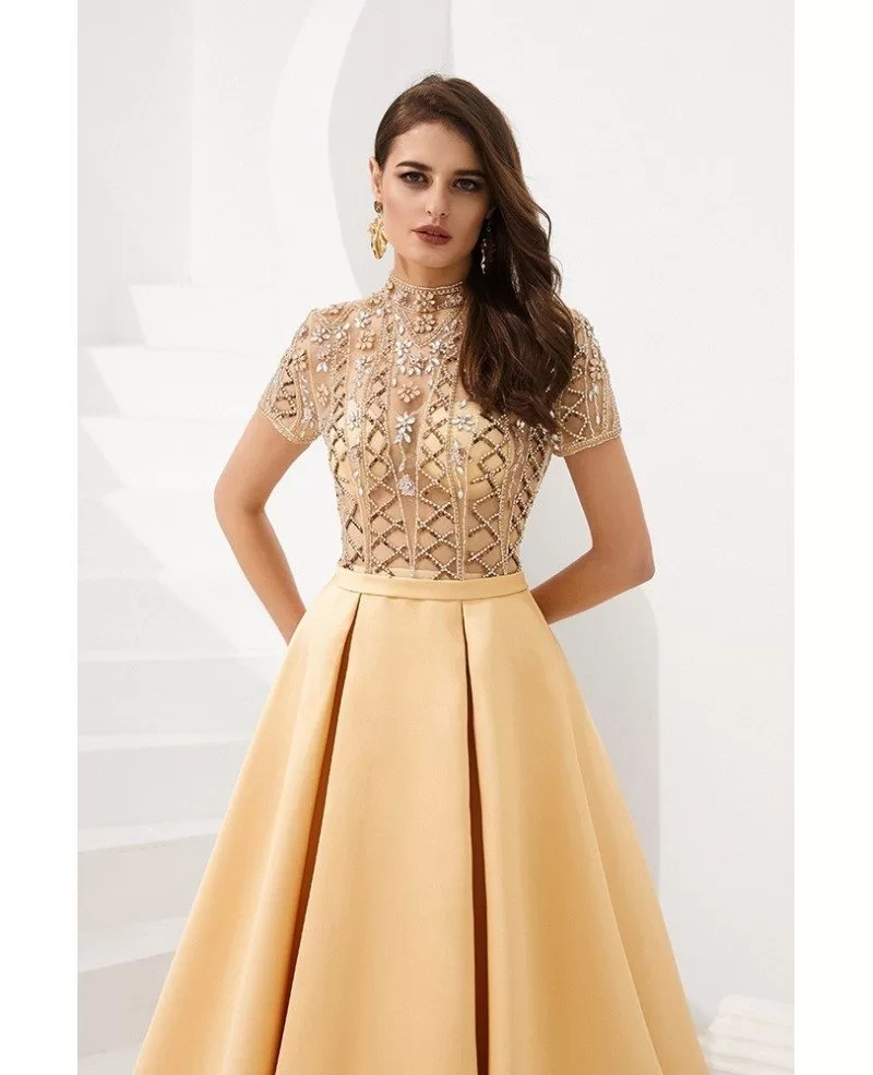 Long Gold Formal Prom Dress With Beading Sleeves F005C