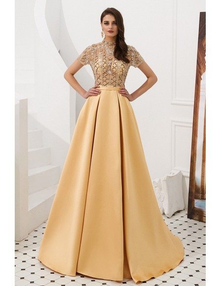 Gorgeous Long Gold Formal Prom Dress With Beading Sleeves