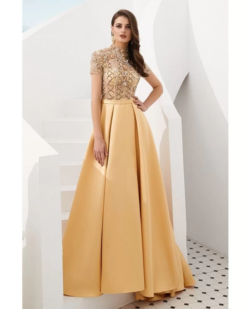 Gorgeous Long Gold Formal Prom Dress With Beading Sleeves F C