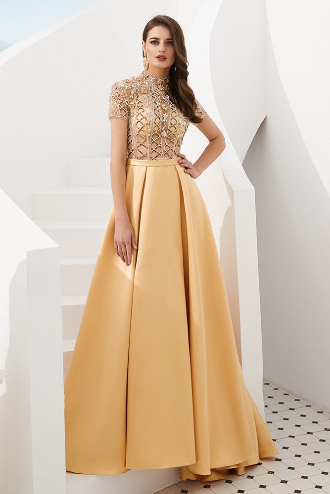 Long Gold Formal Prom Dress With Beading Sleeves F005C