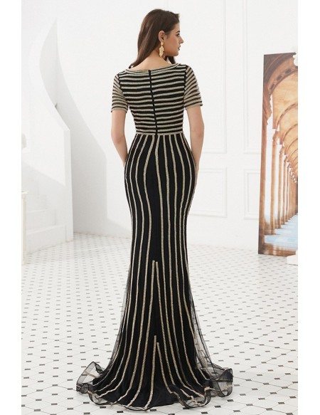 Special Beading Stripe Black Long Prom Dress With Short Sleeves