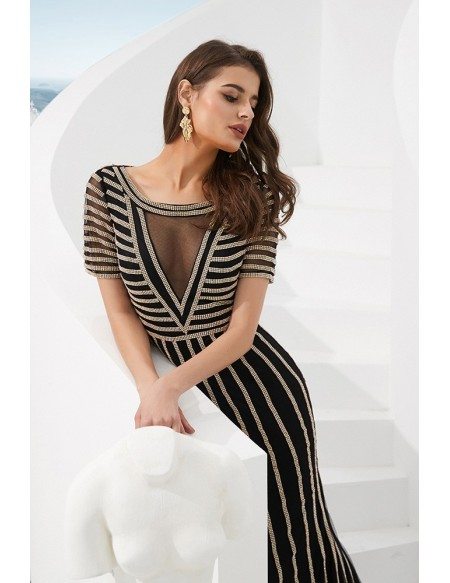 Special Beading Stripe Black Long Prom Dress With Short Sleeves #F006A ...