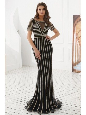 Special Beading Stripe Black Long Prom Dress With Short Sleeves
