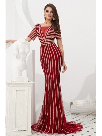 Beautiful Mermaid Red Sleeved Prom Dress With Beading Stripe