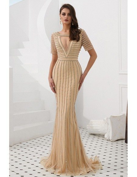 Unique Champagne Sleeved Mermaid Formal Dress With Beading Stripe