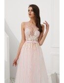 Blushing Pink Long Sequin Tulle Prom Dress With Sheer Top