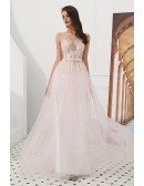 Blushing Pink Long Sequin Tulle Prom Dress With Sheer Top