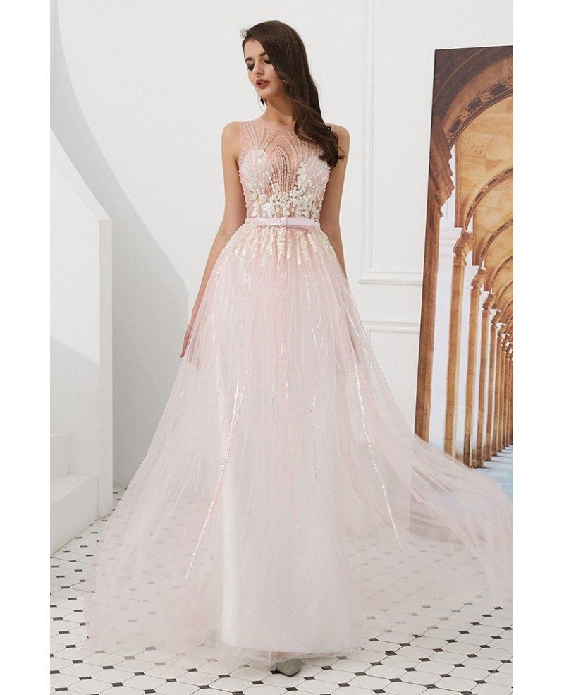 blush sequin prom dress