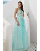 Sleeveless Long Sequin Aqua Blue Prom Dress With Sheer Top