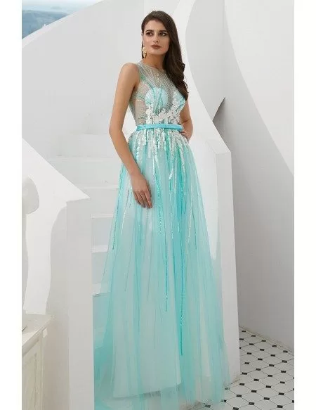 Sleeveless Long Sequin Aqua Blue Prom Dress With Sheer Top