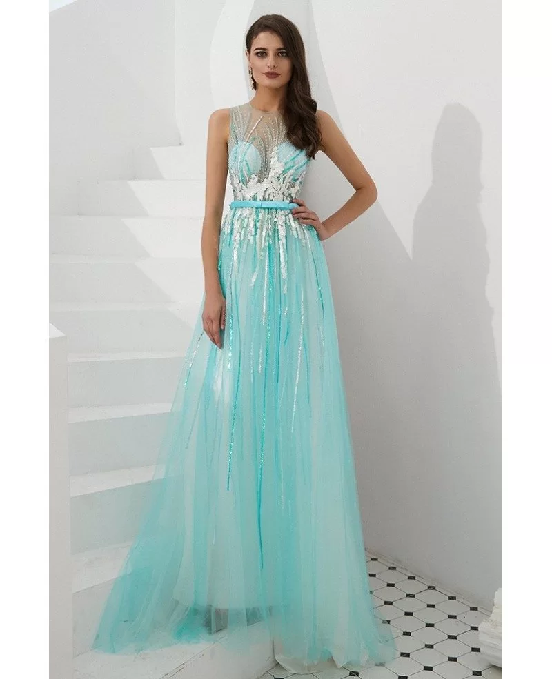 Sleeveless Long Sequin Aqua Blue Prom Dress With Sheer Top #F007B