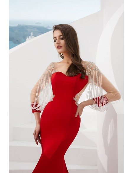 Beautiful Red Sheer Mermaid Formal Dress With Beading Fringing Sleeves