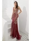 Sexy V Neck Burgundy Beading Stripe Prom Dress In Mermaid