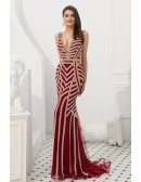 Sexy V Neck Burgundy Beading Stripe Prom Dress In Mermaid