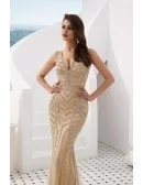 Deep V Champagne Long Prom Dress With Beading Stripe