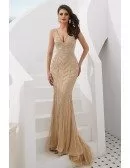 Deep V Champagne Long Prom Dress With Beading Stripe