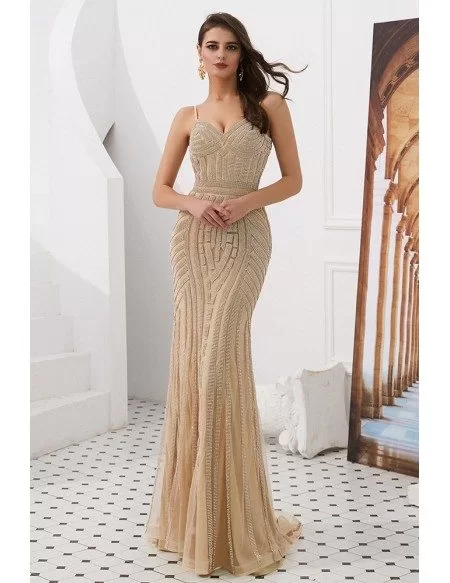 Mermaid Champagne Beaded Stripe Party Dress With Spaghetti Straps