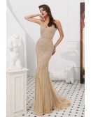 Mermaid Champagne Beaded Stripe Party Dress With Spaghetti Straps