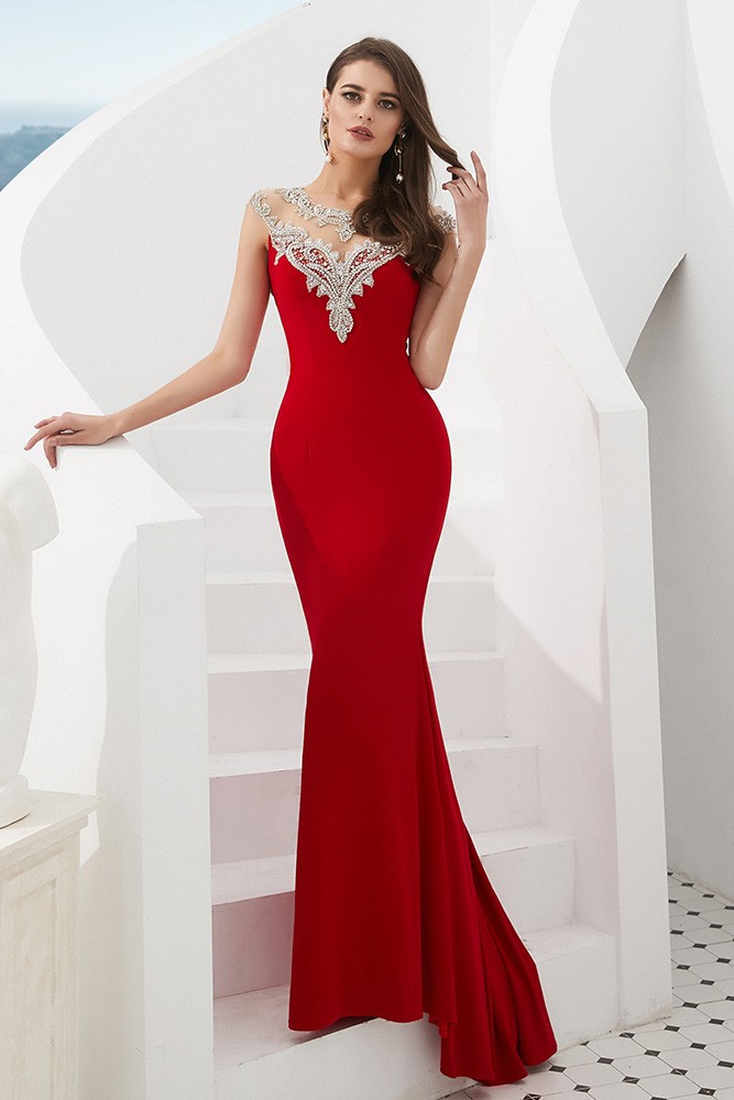 Simple Mermaid Long Red Prom Dress With Beading Neck #F011 - GemGrace.com